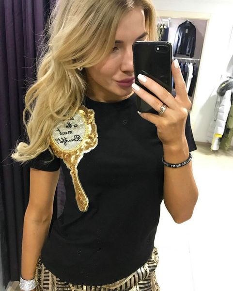 

lady spring summer t shirt fashion sequin mirror short sleeve t-shirts o-neck elegant cute women, White