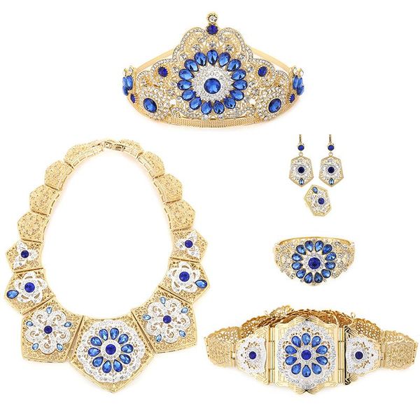 

earrings & necklace luxury wedding jewelry set for arab muslim women of six pieces with colorful crystal, Silver