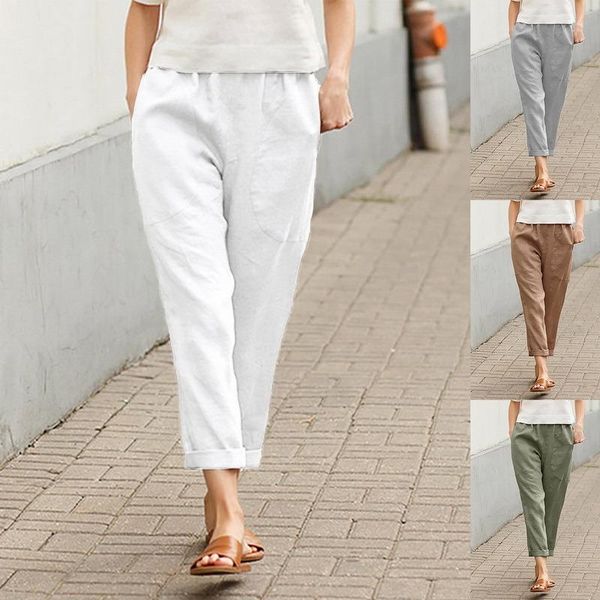 

women's pants & capris cotton linen big pocket thin solid elastic waist pant for women 2021 summer straight white homewear trousers, Black;white