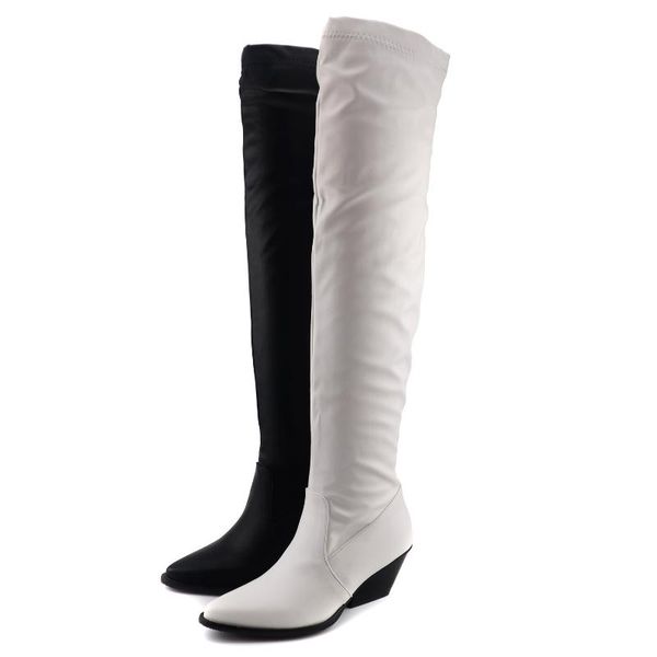 

boots oversized wedge heel fashion pointed slip-on plush lining over-the-knee stitched pure color simple style women's long boot, Black