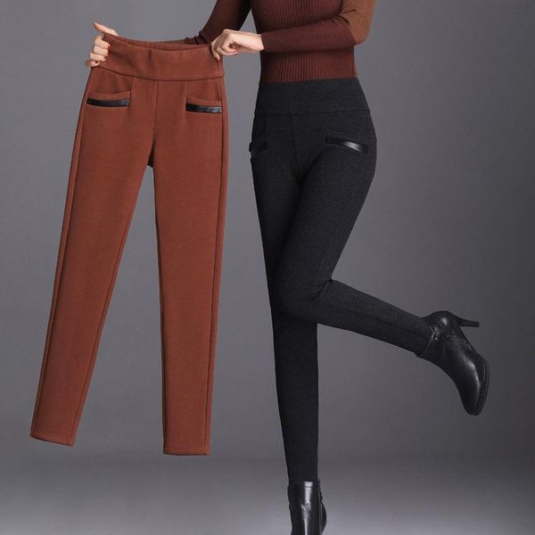 

women's pants & capris s-6xl women 2021 winter fashion patchwork pu slim high waist long trousers plus velvet thicken woolen pencil, Black;white