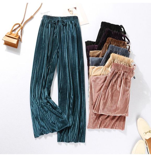 

women's pants & capris pleated wide leg womens high-waisted drape spring summer loose slacks chiffon trousers ice silk ankle-length, Black;white