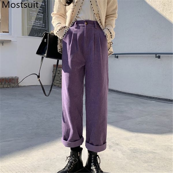 

spring corduroy wide leg pants trousers women high waist casual fashion loose female full-length femme 210514, Black;white