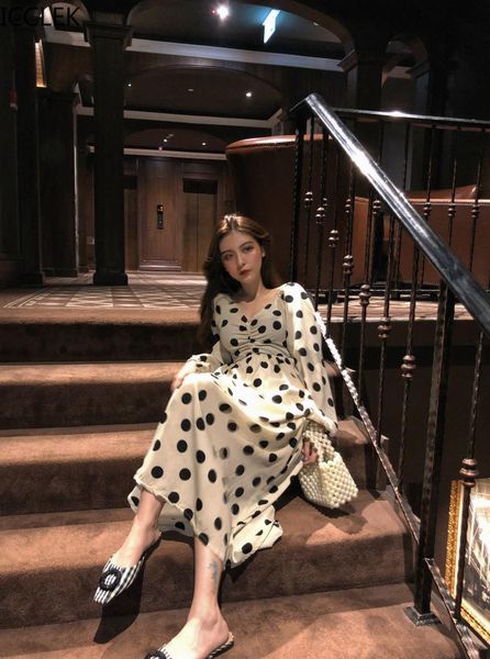 

casual dresses icclek autumn and spring women temperament retro french v-neck long sleeve polka dot waist mid-length dress, Black;gray
