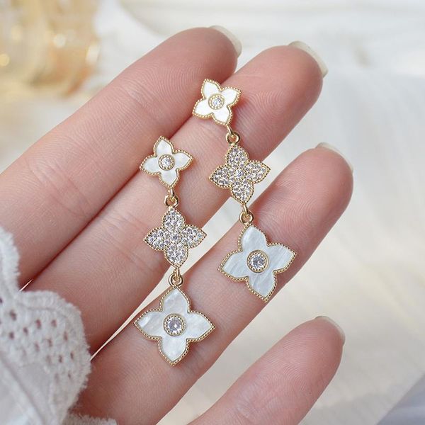 

stud romantic 14k real gold shell flower earrings japanese&korea delicate jewelry zircon long for women, Golden;silver