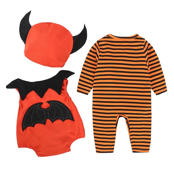Halloween Baby Boy Vestiti Abiti Costumi da pipistrello Arancione Pagliaccetti appena nati Cappellini da diavolo Gilet Set di abiti Ragazze Goblin Demone Tute 210413