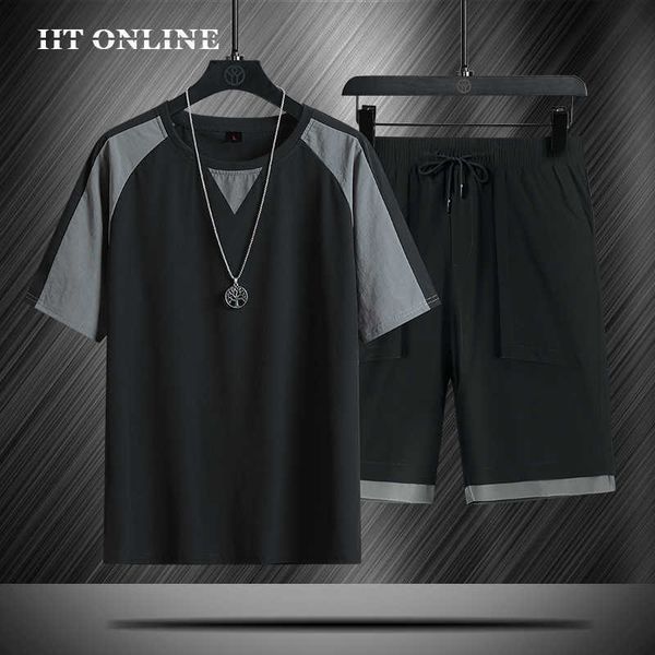 

shorts sets men casual summer short sleeved tracksuit men harajuku printed t-shirts 2 pc sportswear jogging breathable sweatsuit 210603, Gray
