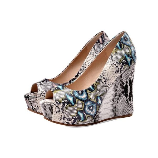 

womens trend snake python pattern platform wedge high heel belt buckle peep toe sandals shoes plus size summer 2colors, Black