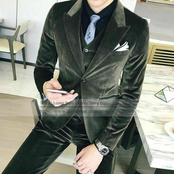 

ropa de hombre classic formal velvet 3 piece men's suits for wedding sets clothing green slim fit blazer&vest&pants custom made & blaze, White;black