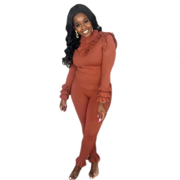 

fashion ruffles women two pieces outfits spring long sleeves o neck lady t shirt arrivals nightclub sports ny pants sets, Gray