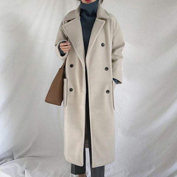 

women's wool & blends women year korean version of woolen coat fashion light versatile long outwear hepburn style simple autumn winter, Black