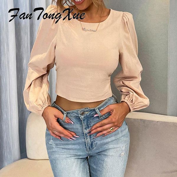 

women's blouses & shirts women blouse 2021 fall solid open back lace up bandage sheath lantern sleeve o-neck office lady hallow out, White