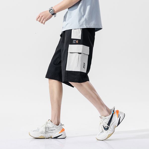 

streetwear ribbons male summer side pockets load man shorts knee-high short pants, White;black