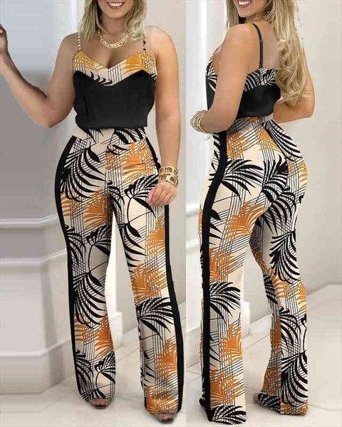 

Women Fashion Tropical Print Colorblock Top Sexy High Waist Skinny Bodycon Long Trousers Two Pieces Suit Flare Pants Set, White