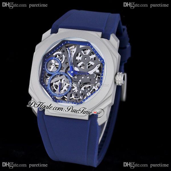 

octo finissimo 102946 titanium steel skeleton dial automatic mens watch blue rubber strap 5 styles 2021 puretime z0910a1, Slivery;brown