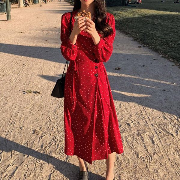 

casual dresses 2021 spring ladies polka dots print long dress v-neck buttons lace-up female chiffon fashion sleeve women, Black;gray