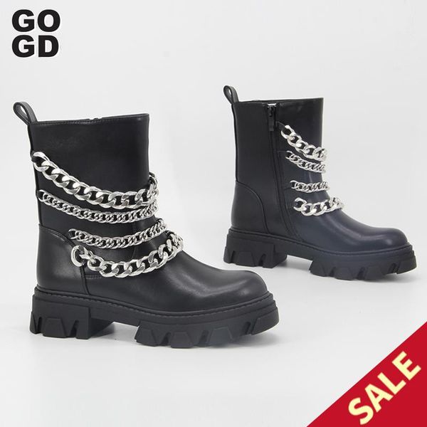 

boots [gogd]women's zip pu material ankle female platform warm plush metal chain winter shoes for ladies 2021 design, Black