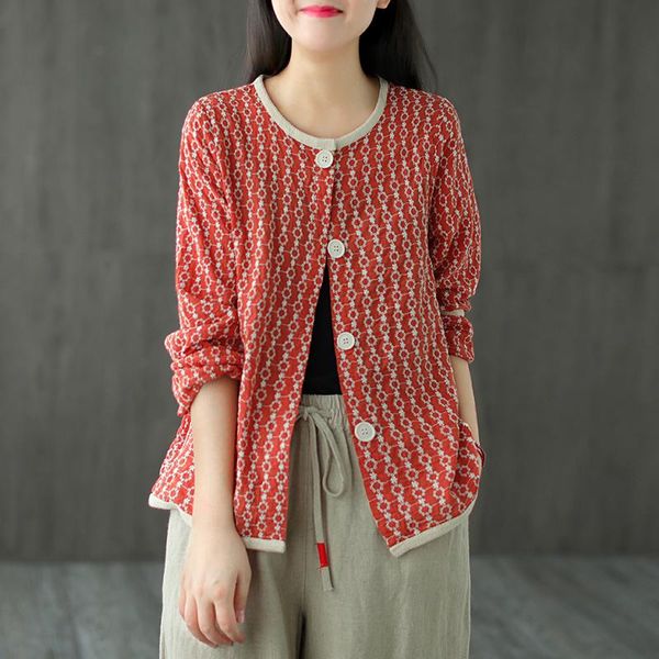 

women's jackets autumn retro women loose all-match coat o-neck cardigan embroidery casual female 2021, Black;brown