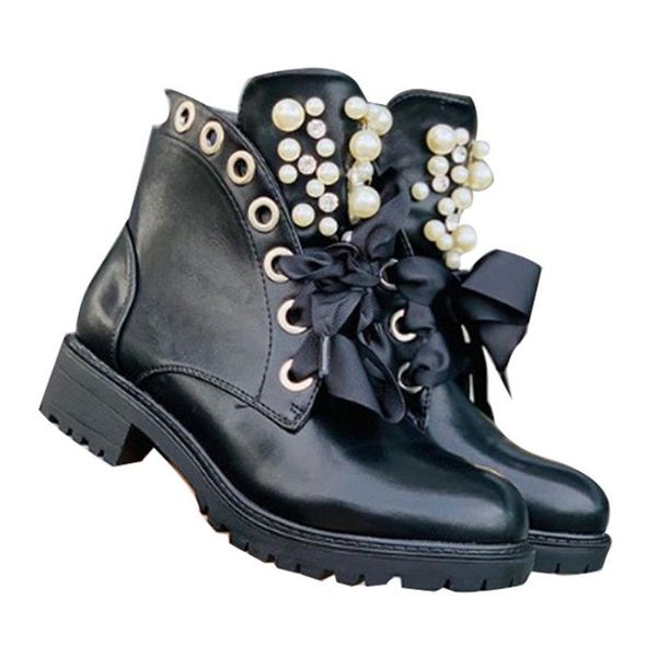

women short boots 2021 fashion tongue pearl strap designer female shoes winter thick-soled breathable non-slip women's, Black