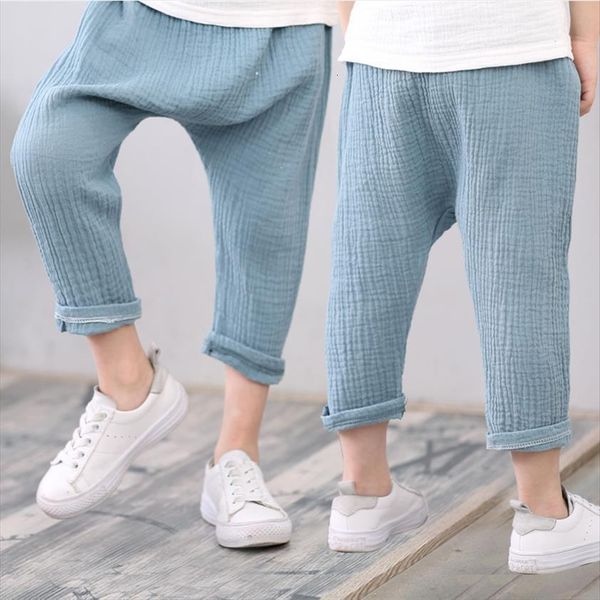 

linen pleated children ankle length pants for baby boys casual solid color harem toddler soft trousers kids child, Blue