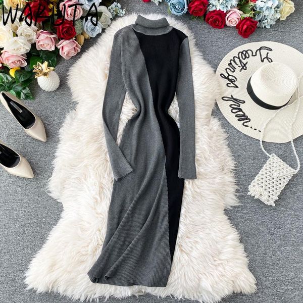 

casual dresses wakuta fall winter midi dress sweater women elegant highneck color block knit female chic loose warm a-line vestidos, Black;gray