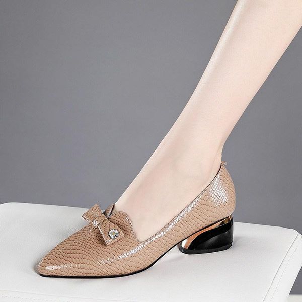 

dress shoes 2021 autumn chunky pointed toe semi-high heeled leather plus-sized bow women's, Black