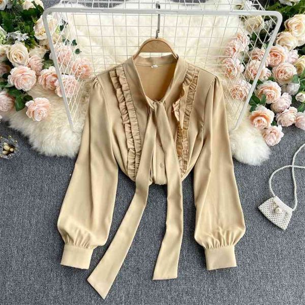 

women long puff sleeve bow versatile chiffon shirt gentle style round collar fashion spring summer 11b773 210525, White