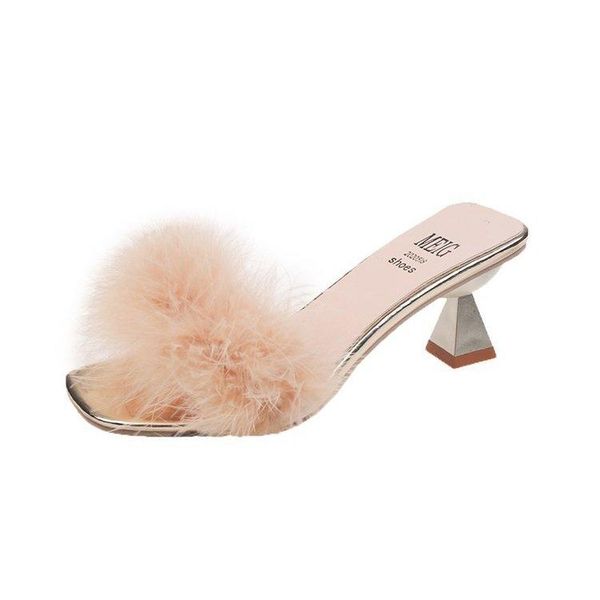 

fur sandals women/girl's designer summer furry slippers thick high heels transparent sandalias ostrich flip flops for women, Black