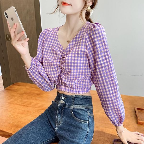 

women's blouses & shirts 2021 blouse v-neck long sleeve casual chic style elastic woman blusa spring summer purple women plaid, White