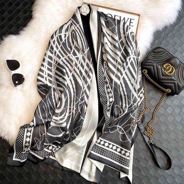 

design spring and summer 2021 new imitation silk air conditioning shawl korean version double layer versatile printed scarf sunscreen decora, Black;purple