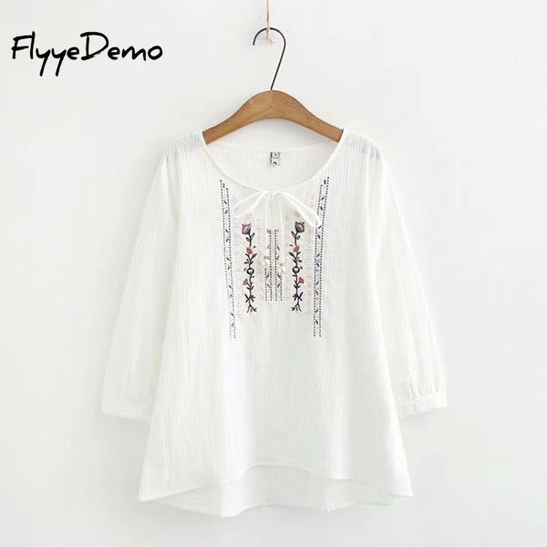

plus size t shirt for women korean fashion floral embroidery lace flower femme o neck bow loose white tee tshirt women's t-shirt