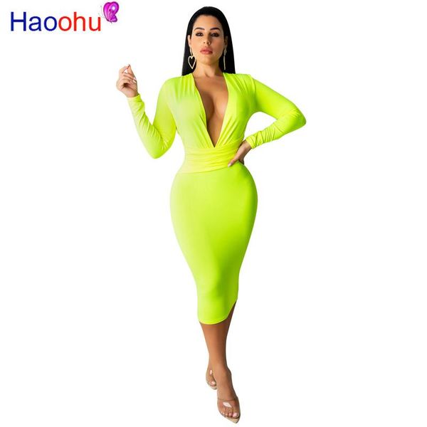 

casual dresses haoohu 2021 women summer long sleeve deep v-neck knee length bodycon midi solid dress club night party vestido 3 color, Black;gray