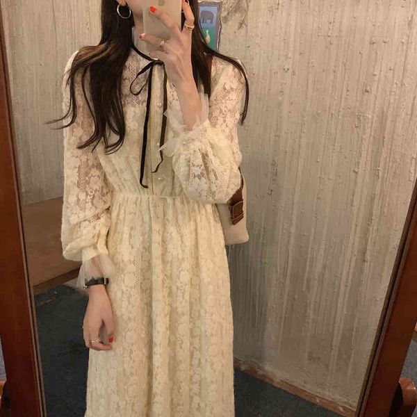 

dresses french women solid stand collar elegance lace up full-sleeved retro sweet chic office lady vintage all-match es, Black;gray