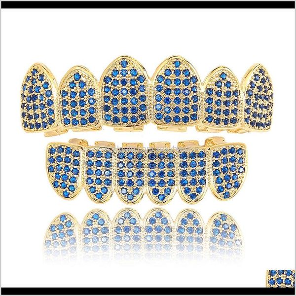 Grillz, Griglie dentali Gioielli per il corpo Drop Delivery 2021 Denti hip-hop Grillz Blue Micro Zircon Golden Full Diamond Bretelle in vendita in Europa e