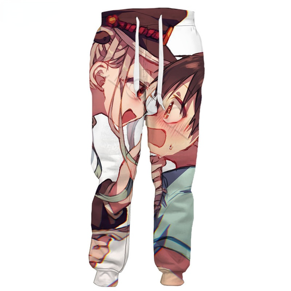 

cloocl anime toilet-bound hanako-kun 3d printed pants women elastic casual trousers ladies gym sports clothes teens girls casual style capri, Black;white