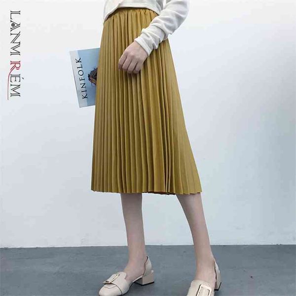 

lanmrem autumn fashion new pu leather pleated skirt elastic high waist all-match female's bottoms yf342 210412, Black