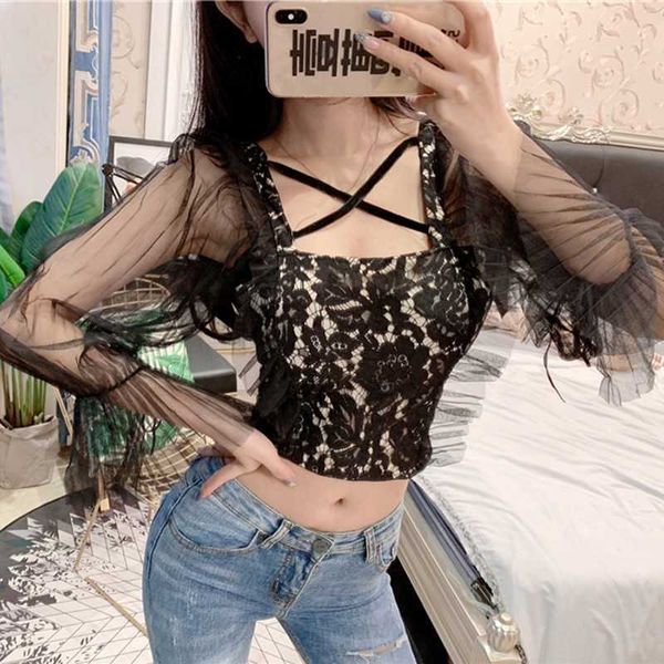 

black lace blouse women stand collar long sleeve sheer shirt casual blouses mesh clothing 210601, White