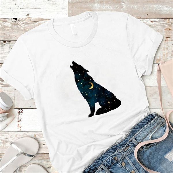 

wolf animal printed short sleeve women t shirt loose tee clothes graphic, White