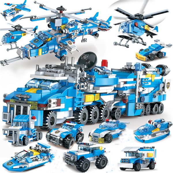 

735PCS 9 IN 3 City Police Building Blocks Vehicle Aircraft Boy Toy Educational Truck Blocks Car Model Bricks kids Toys for Boys