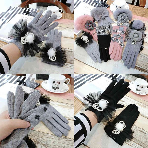 

gloves korean women' autumn and winter cashmere thickened warm touch screen mesh pearl bow split finger, Blue;gray