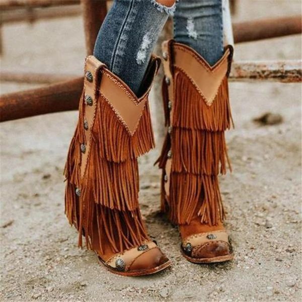 

boots women tassel rivet fashion cowboy shoes, Black