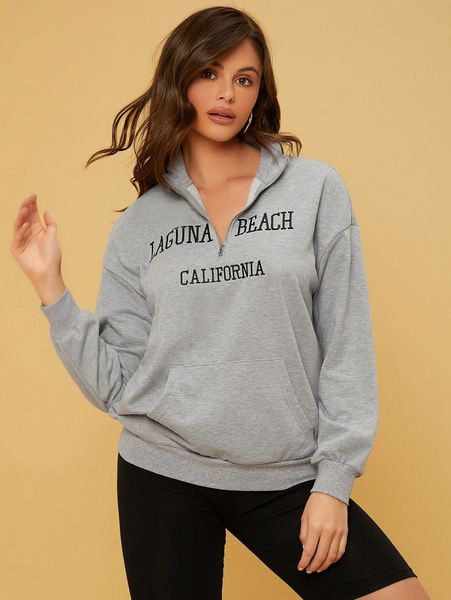 

petite zipper half placket letter embroidered sweatshirt g0uh#, White;black
