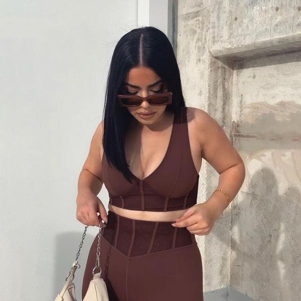 

yoga outfit fitness sporty women tracksuit sleeveless v-enck tank stretchy leggings ribbed bra two piece set