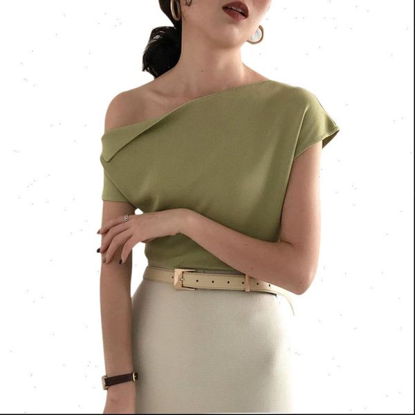 

one shoulder korean style womens knitted summer ice silk knitting casual street chic tees, White