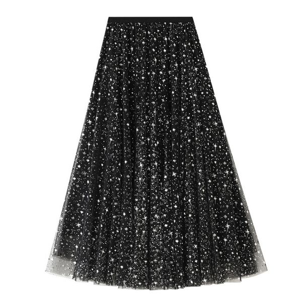 

korea style women mesh printed skirt femme jupe high waist loose pleated mid-length long skirts 210524, Black