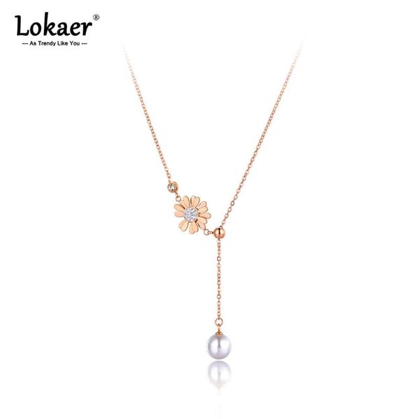

pendant necklaces lokaer stainless steel clay rhinestone daisy flower charm trendy white pearl choker necklace for women n21103, Silver