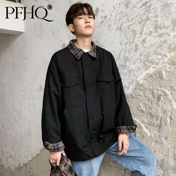 

men's jackets pfhq 2021 men fashion loose lapel fake two-piece patchwork plaid zipper pockets korean casual jacket autumn winter 21d138, Black;brown