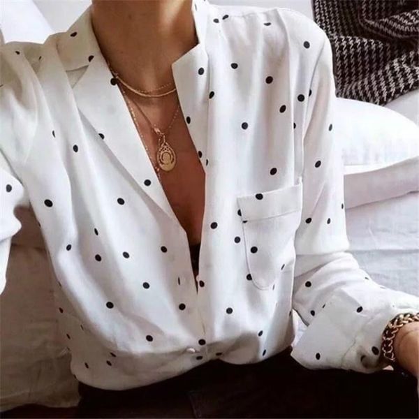 

women's blouses & shirts summer chiffon shirt women french retro loose wave point blouse female long sleeve turn down pocket casual h9, White