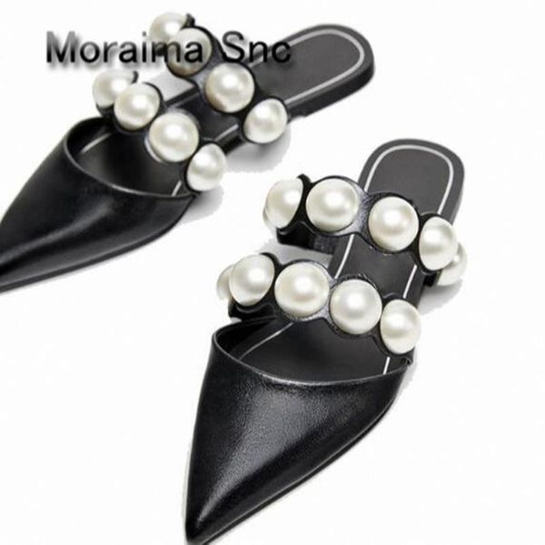 

slippers moraima snc women white pearl decor flats sandals pointed toe leather elegant casual summer shoes pantuflas, Black