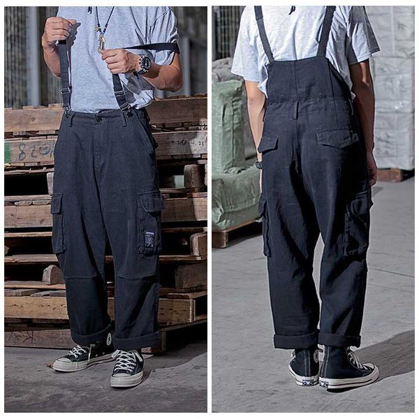 

men's pants suspenders trousers mens streetwear overalls multi-pocket work cargo casual wide-legged baggy pant men qhev, Black
